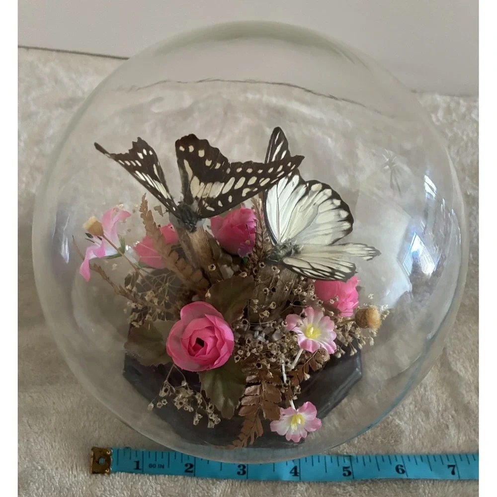 Vintage Butterfly Taxidermy Dried And Faux Pink Flowers In Glass Dome‎ Decor